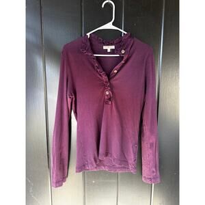 Tory Burch Purple Ruffle Henley Long Sleeve Top Gold Button Detail